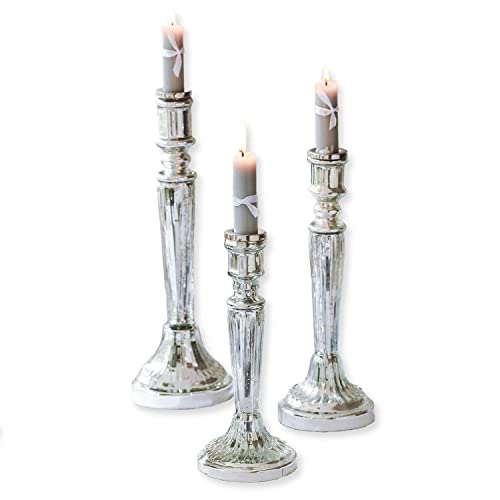 Loberon Kerzenständer 3er Set Riley, mundgeblasen, Verschiedene Größen und Designs, zeitlos-schön, klassischen Look, für Stabkerzen, Kerzenhalter, Kerzenleuchter, Glas, antiksilber