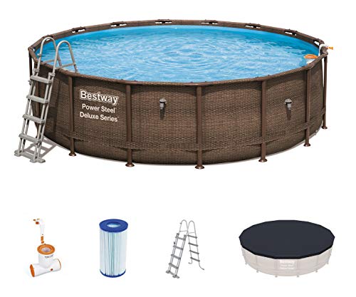 Bestway Power Steel Deluxe 488x122 cm, Frame Pool rund im Komplett Set mit Filterpumpe / Skimmer, Leiter und Abdeckplane