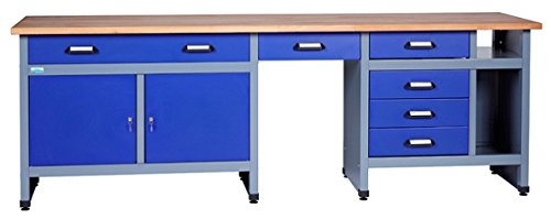 Küpper Werkbank 12287 ultramarinblau, 240x84x60cm, 6 Schubladen, 2 Türen, 300 kg Traglast, 30 mm Massive Buchenarbeitsplatte