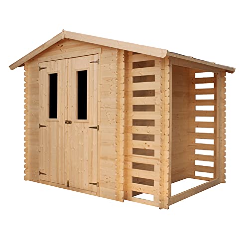 TIMBELA Gartenhaus Holz Mit Brennholzschuppen M386C - Geräteschuppen Holz B272xL206xH218 cm/ 3,53 + 0,97 m2 Lagerschuppen - Fahrradgarage Holz Wasserfestes Dach