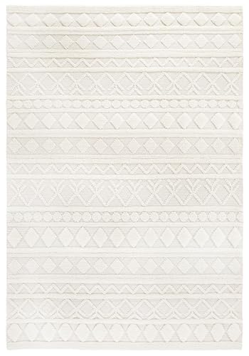 -LUXOR- living Wollteppich Hägga – handgewebter Teppich aus Wolle & Baumwolle, Hoch-Tief Struktur, weich & gemütlich, für Wohnzimmer, Schlafzimmer & Flur, skandinavisches Design, Creme, 130 x 190 cm