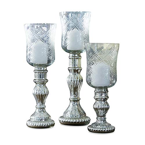 Loberon Windlicht 3er Set Celestin, handgefertigt, feiner Diamantschliff mit kleinen Sternchen, romantischer Shabby-Chic, Kerzenhalter, Glas, antiksilber/klar