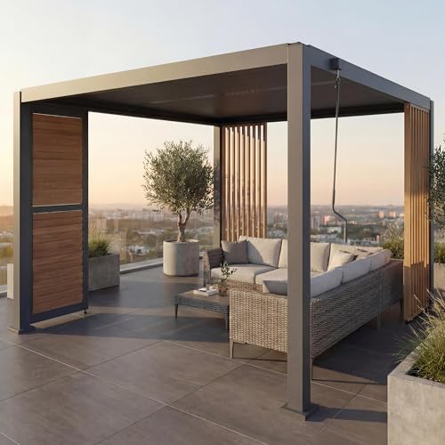 Pergola HWC-P65 mit 1x Lamellenwand und 2X Seitenwand, Lamellen-Pavillon, 10cm-Alu-Gestell 3x3m Holzoptik - anthrazit