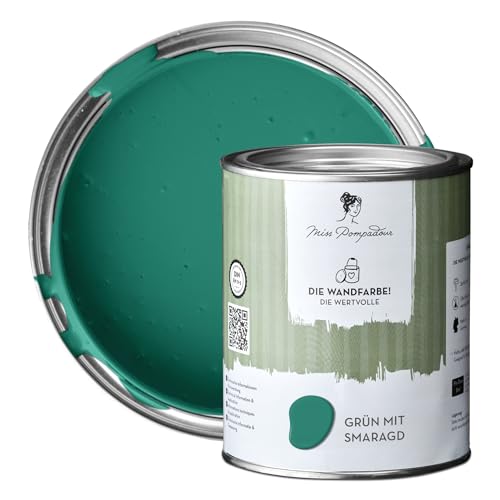 MissPompadour extramatte Wandfarbe Grün mit Smaragd 1L - sehr hohe Deckkraft - geruchsneutrale, spritzfreie Farbe - atmungsaktive, wasserbasierte Innenfarbe/Deckenfarbe - Die Wertvolle