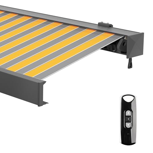 paramondo Markise Kassettenmarkise Line Gelenkarmmarkise Balkon Terrasse Sichtschutz, mit jarolift Funkmotor, Vollständig zusammengebaut, 4 x 3 m, Anthrazit-Matt, Stoff: Block, Gelb-Grau