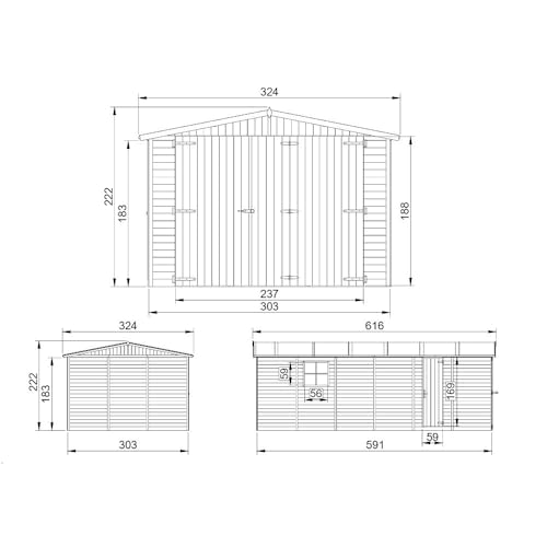 Holzgarage - Abstellraum mit Fenstern- H222x616x324 cm /18 m2 - Plattenkonstruktion aus Naturholz - Gartenwerkstatt - Auto- und Geräteschuppen -TIMBELA M102