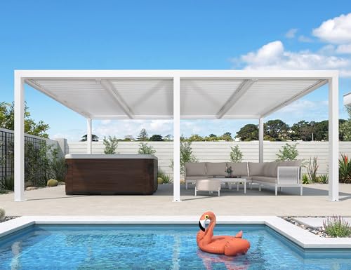 PURPLE LEAF Pavillon 3.65 x 6 m mit Lamellendach Freistehend Terrassenüberdachung Verstellbaren Aluminium-Lamellen Pergola Wasserdicht Stabil Winterfest, Weiß