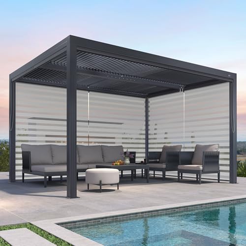PURPLE LEAF Pergola 3.33 x 4 m mit Seitenwänden Wasserdicht Stabil Winterfest Alu Lamellenpergola Freistehend Pavillon mit Lamellendach für Terrasse, 1 lange Seite und 1 kurze Seite für Terrasse, Grau
