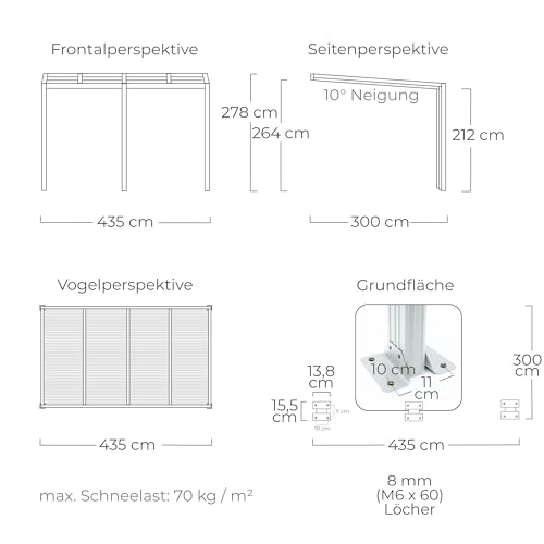 Terrassendach Veranda Aluminium transparentes Dach | Terrassenüberdachung Veranda weiß 435 x 303 cm