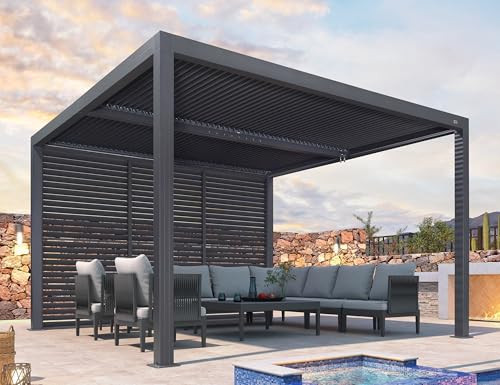 PURPLE LEAF Alu Pergola 3.65 x 3.65 m mit Fester Horizontale Lamellenwand-Paneel Lamellenpergola Wasserdicht Stabil Winterfest Pavillon mit Lamellendach für Garten, 1 Seite, Grau