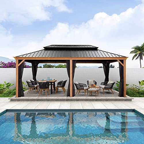 PURPLE LEAF Hardtop Pavillon 3.65 x 6 m Gartenpavillon mit Moskitonetz Alu Pavillon mit Stahldach Wasserdicht Stabil Winterfest Pavillon, Holzoptik