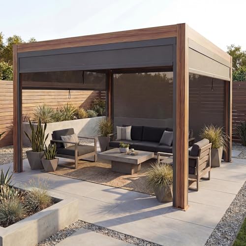 Pergola HWC-L46 mit Seitenwand, Lamellen-Pavillon Rollo, 10cm-Alu-Gestell, sturmfest 3x4m - Gestell Holzoptik, anthrazit