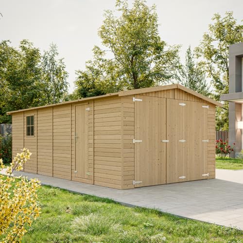 Holzgarage - Abstellraum mit Fenstern- H222x616x324 cm /18 m2 - Plattenkonstruktion aus Naturholz - Gartenwerkstatt - Auto- und Geräteschuppen -TIMBELA M102