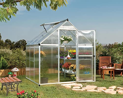 Palram Canopia Mythos 6X6 Gewächshaus – UV - Geschütztes Polycarbonatdach-& Aluminiumgestell, Inklusive Fundamentrahmen – Silber, 6 x 6
