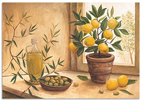 ARTland Wanddeko Wandbild Alu Verbundplatte für Innen & Outdoor Bild 100x70 cm Stillleben Toskana Mediterran Oliven Zitrone Essen Lebensmittel Malerei T4HV