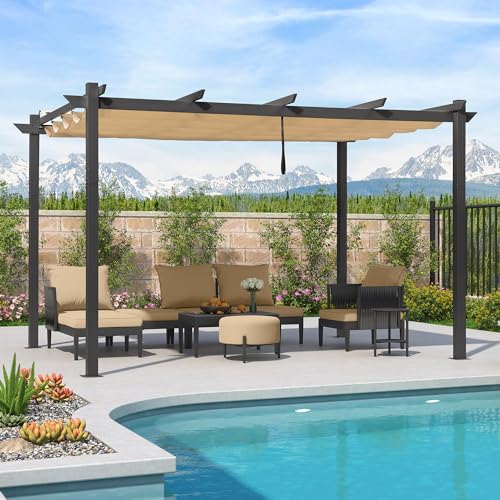 PURPLE LEAF Garten Pavillon Pergola 3 x 4 m Aluminium, Pergola Wasserdicht Sonnendach mit Schiebedach, Garten-Pergola Mit Markisenschutz für Garten Terrasse, UV Beschattung, Beige