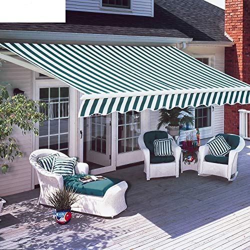 Diensweek Terrassenmarkise, einziehbar, vollständig montiert, manuell kommerzielle Qualität, 100 % 280 g Polyester, für Fenster, Tür, Sonnenschutz, Deckdach, Balkon, P100-Serie, Grün/Weiß gestreift, 3