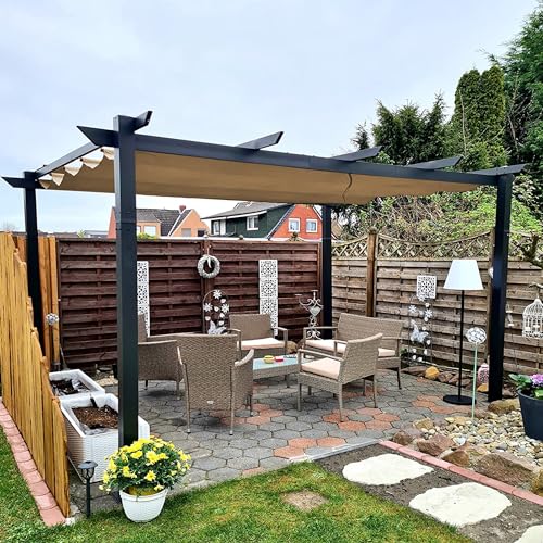 PURPLE LEAF Garten Pavillon Pergola 3 x 4 m Aluminium, Pergola Wasserdicht Sonnendach mit Schiebedach, Garten-Pergola Mit Markisenschutz für Garten Terrasse, UV Beschattung, Beige