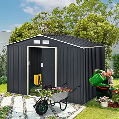 Juskys Metall Gerätehaus XL 9m³ mit Satteldach, Schiebetür & Fundament - 277 × 191 × 192 cm - anthrazit - Geräteschuppen Gartenhaus Metallgerätehaus