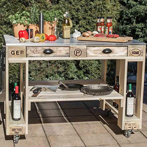 Palettenmöbel Grill-Tisch PERTHONE Basic, Neuholz gebeizt in klassischer Paletten Optik, jedes Teil ist einzigartig und Wird in Deutschland in Handarbeit gefertigt