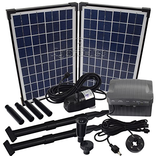 Agora-Tec® AT-20W-BL Beleuchtete Solar Teichpumpe 20 Watt mit Akku und 6 Fach LED Ring, Hmax.: 1350l/h Fontainenhöhe: 2,50m für Gartenteich oder Springbrunnen