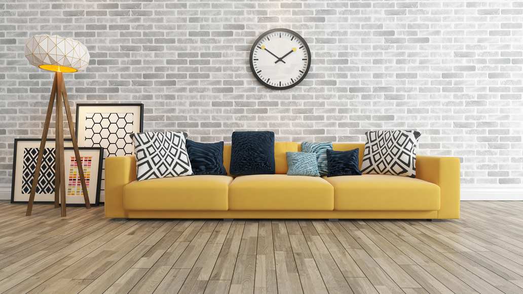 Sofa Gelb mit Bunten Kissen