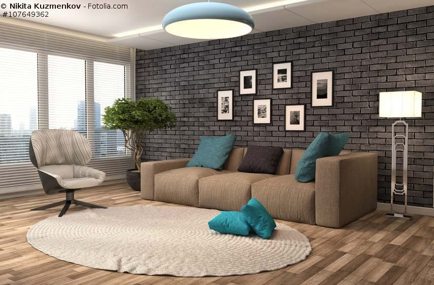 Sofa Braun - Wohnzimmer mit Steinwand