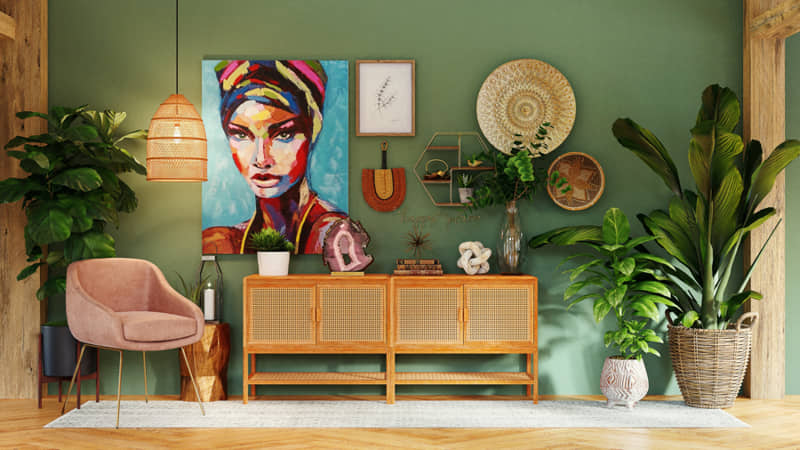 Wohnzimmer mit Gruener Wand mit Bilder und Deko