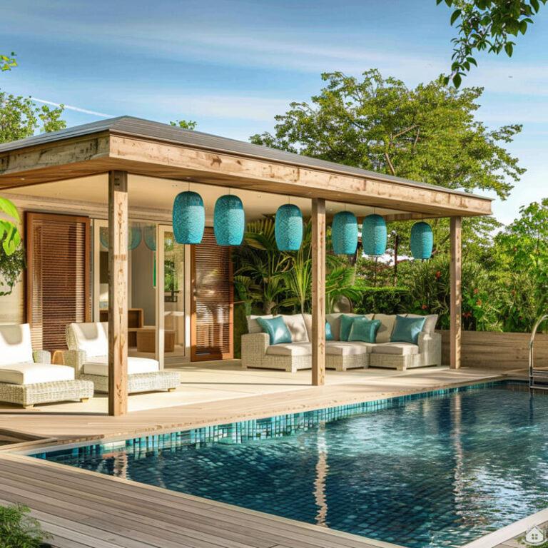 » Moderne LoungePoolhäuser aus Holz und PoolPavillons mit HolzLamellen