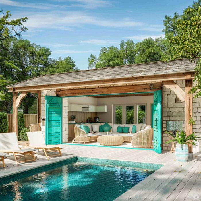 » Moderne LoungePoolhäuser aus Holz und PoolPavillons mit HolzLamellen