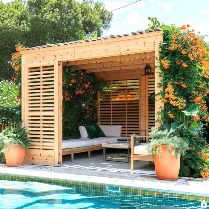 » Moderne LoungePoolhäuser aus Holz und PoolPavillons mit HolzLamellen