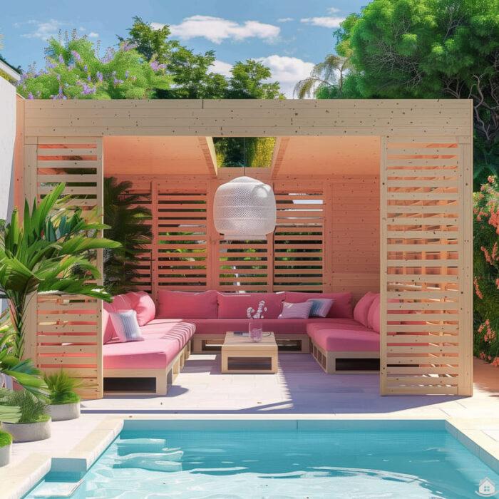 » Moderne LoungePoolhäuser aus Holz und PoolPavillons mit HolzLamellen