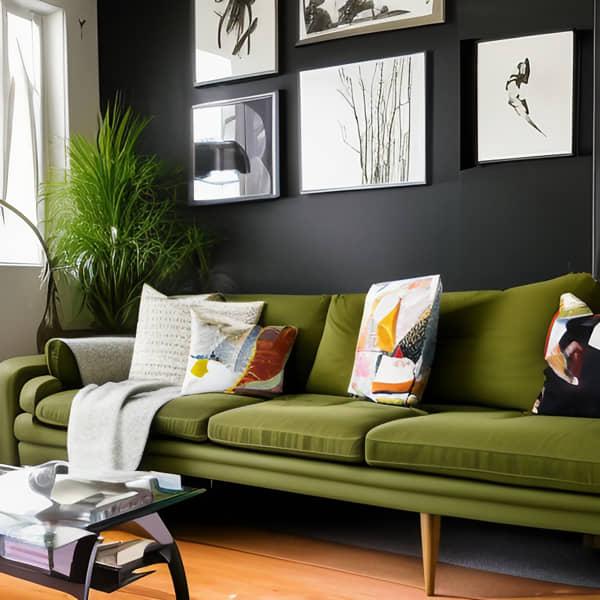 olivgrünes sofa schwarze wand