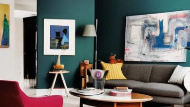 Mid Century Modern Wohnzimmer mit rost und blau-gruen Akzente