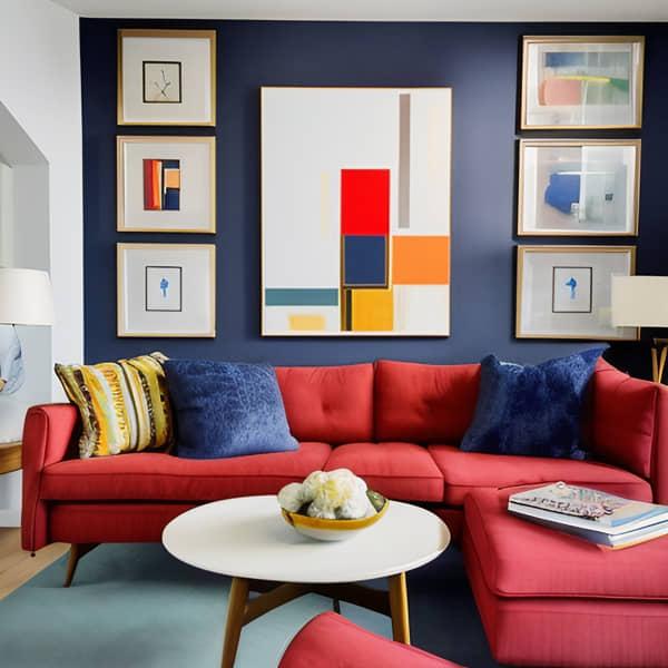 Mid Century inspiriertes Wohnzimmer in Rot-Blau