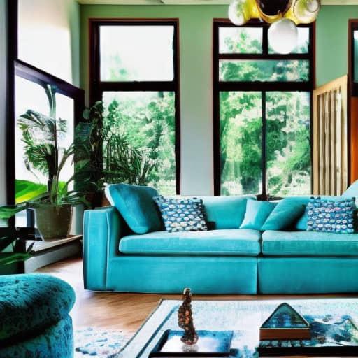 Türkis Big Sofa vor Fenster