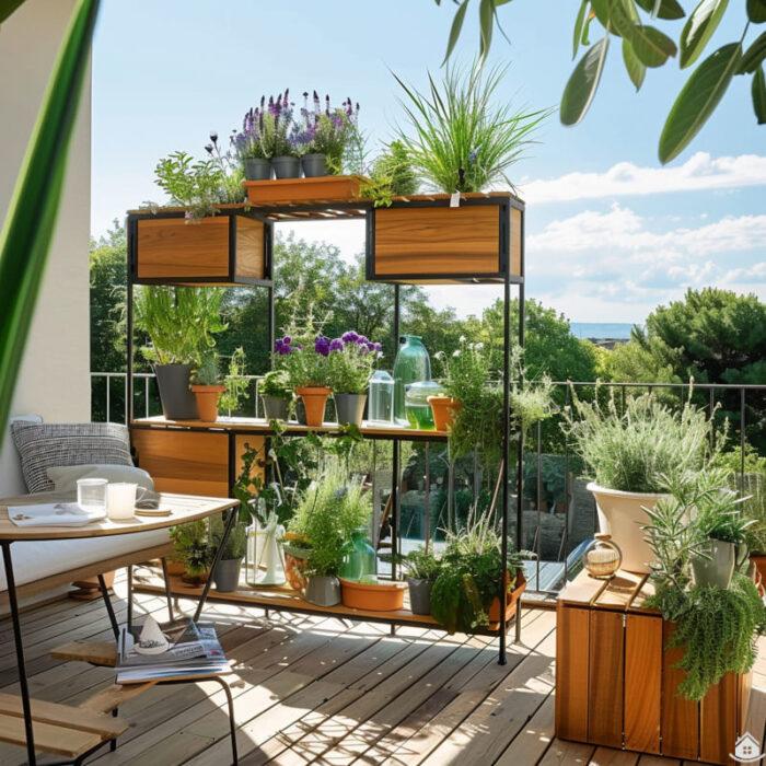 » Pflanzenregale mit Holzelementen als Deko für Balkon und Terrasse