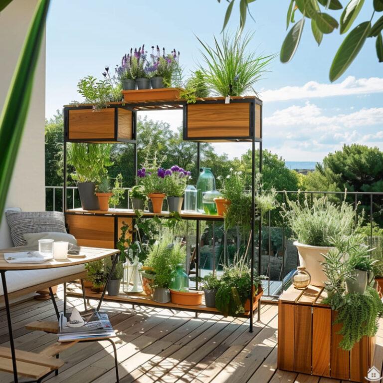 » Pflanzenregale mit Holzelementen als Deko für Balkon und Terrasse