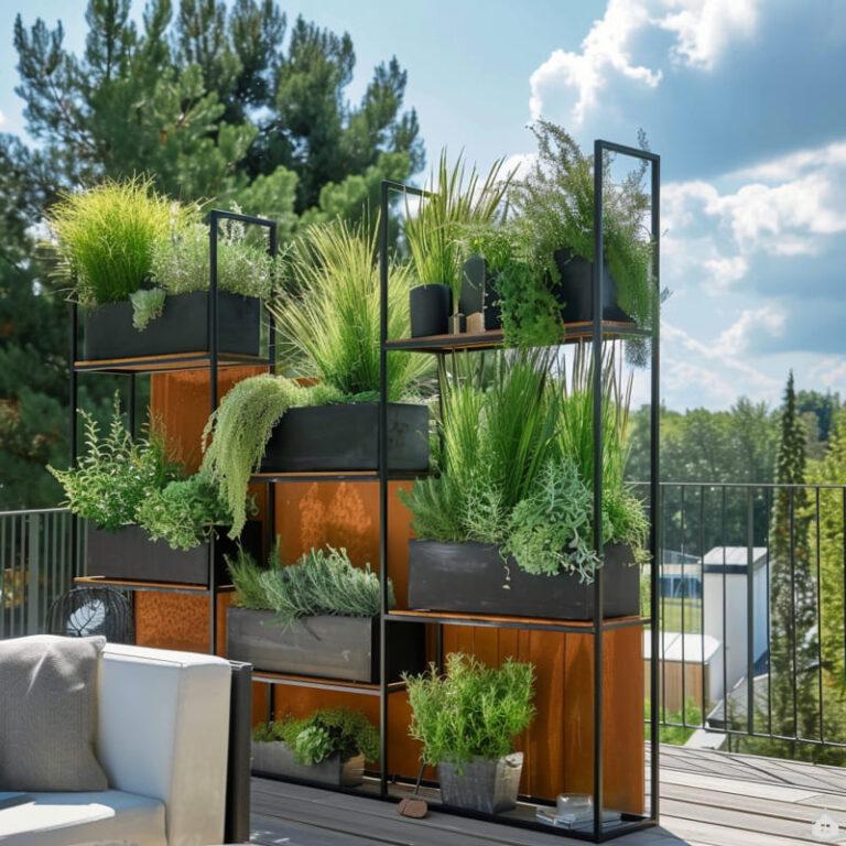 » Pflanzenregale mit Holzelementen als Deko für Balkon und Terrasse